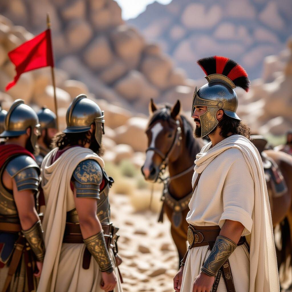 Armored Horseman and Warriors in Desert Landscape, Professio...