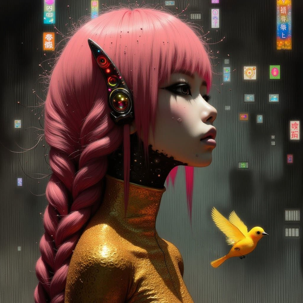 Cyberpunk Anime Woman with Vibrant Peachy-Pink Hair