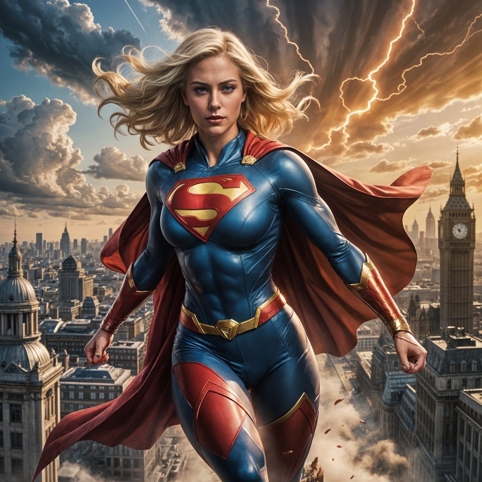 Flying Supergirl Over London in Platinum Blonde Hair
