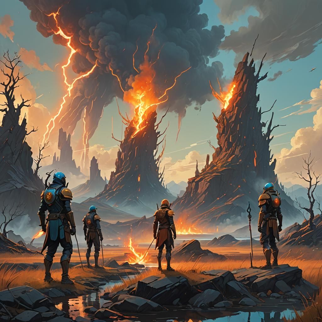 Elemental Warriors in Mystical Landscape: Fantasy Art