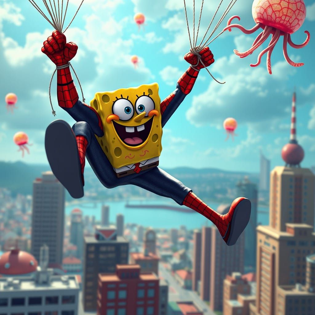 Spider-Man in Squidward Square Pants, Swinging Through Bikin...
