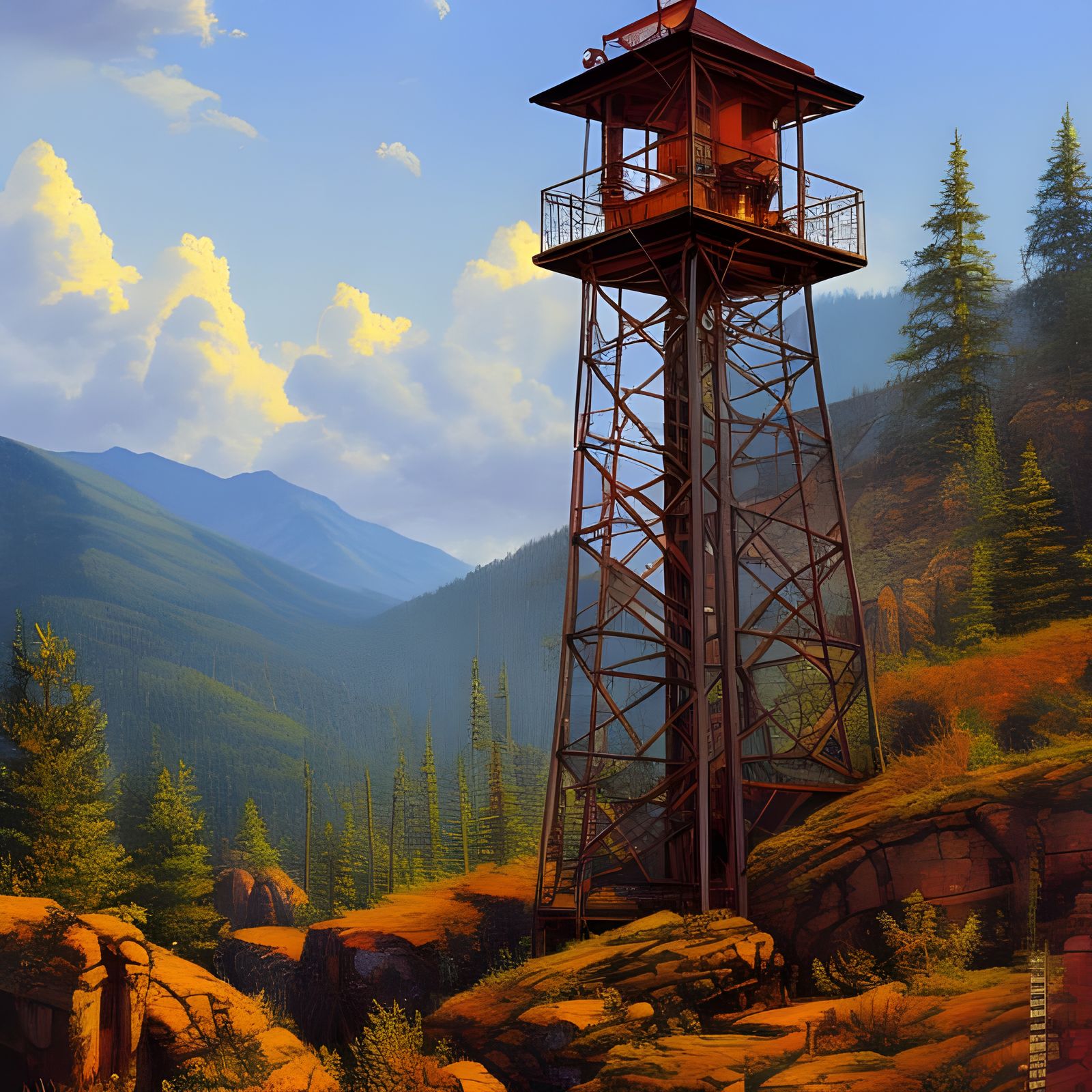 Mountain Fire Watch Tower: Detailed Gouache Painting
