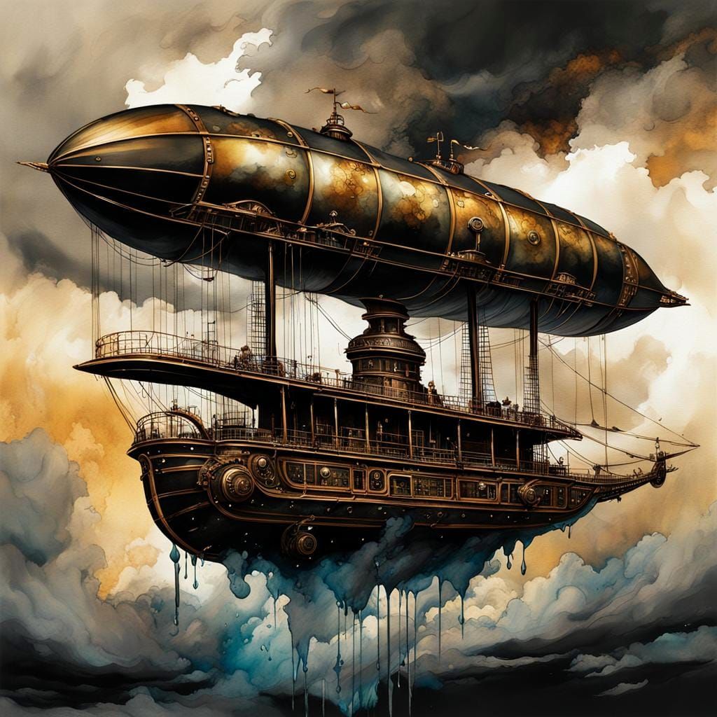 Steampunk Skyship Emerges in Ink Splatter Storm