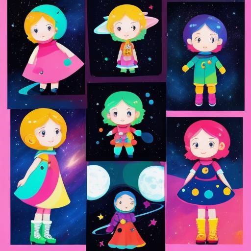 Cartoon Children Playing in Space Dresses