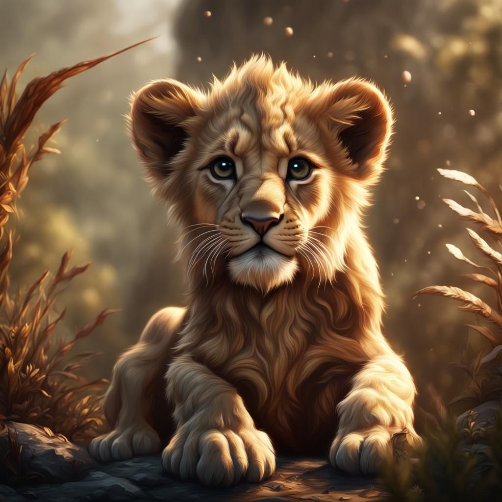 Adorable Lion Cub in Detailed Fantasy Art