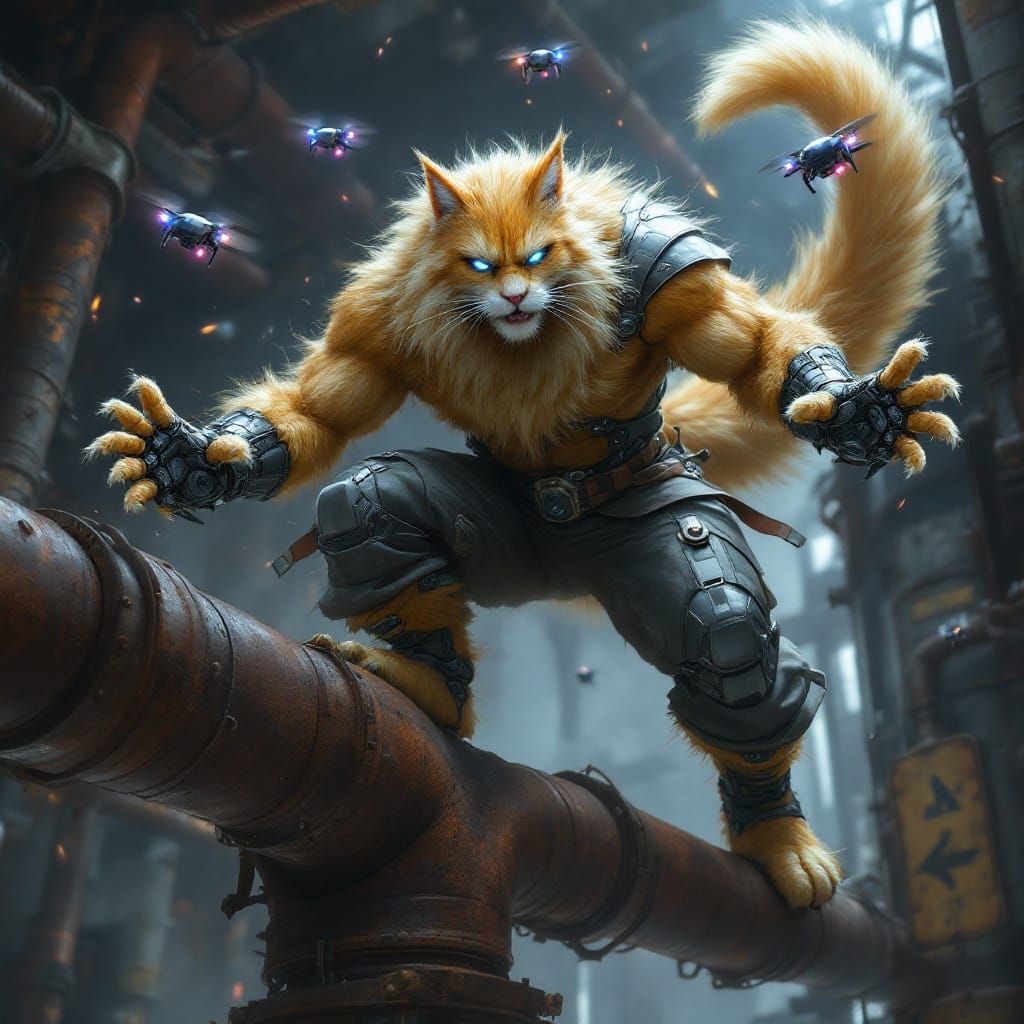 Cybernetic Feline Warrior in Industrial Ruins
