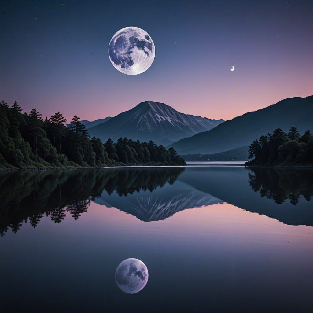 Full Moon Mirrored in Calm Lake Water