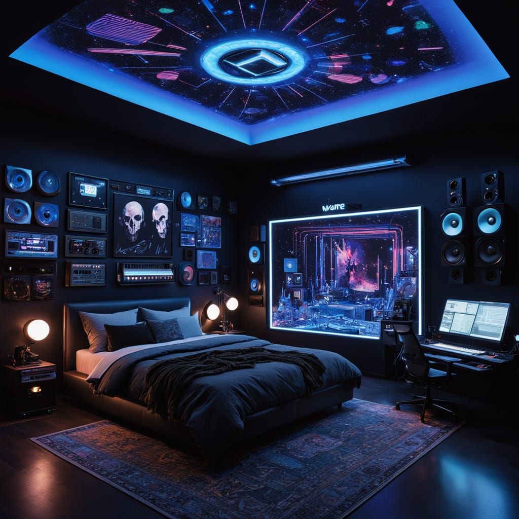 Dark Futuristic Bedroom Masterpiece in Neon Colors