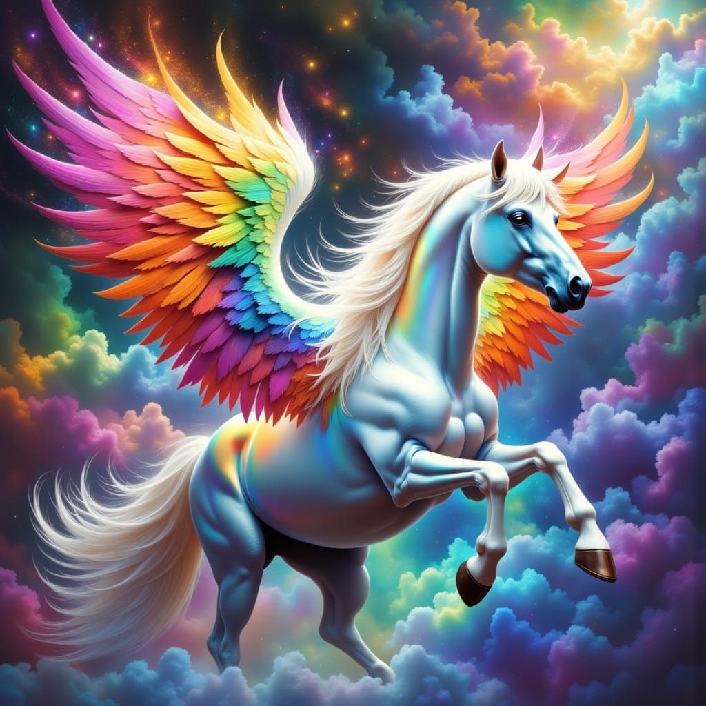 Ethereal Flying Horse in Vibrant Mid-Night Landscape