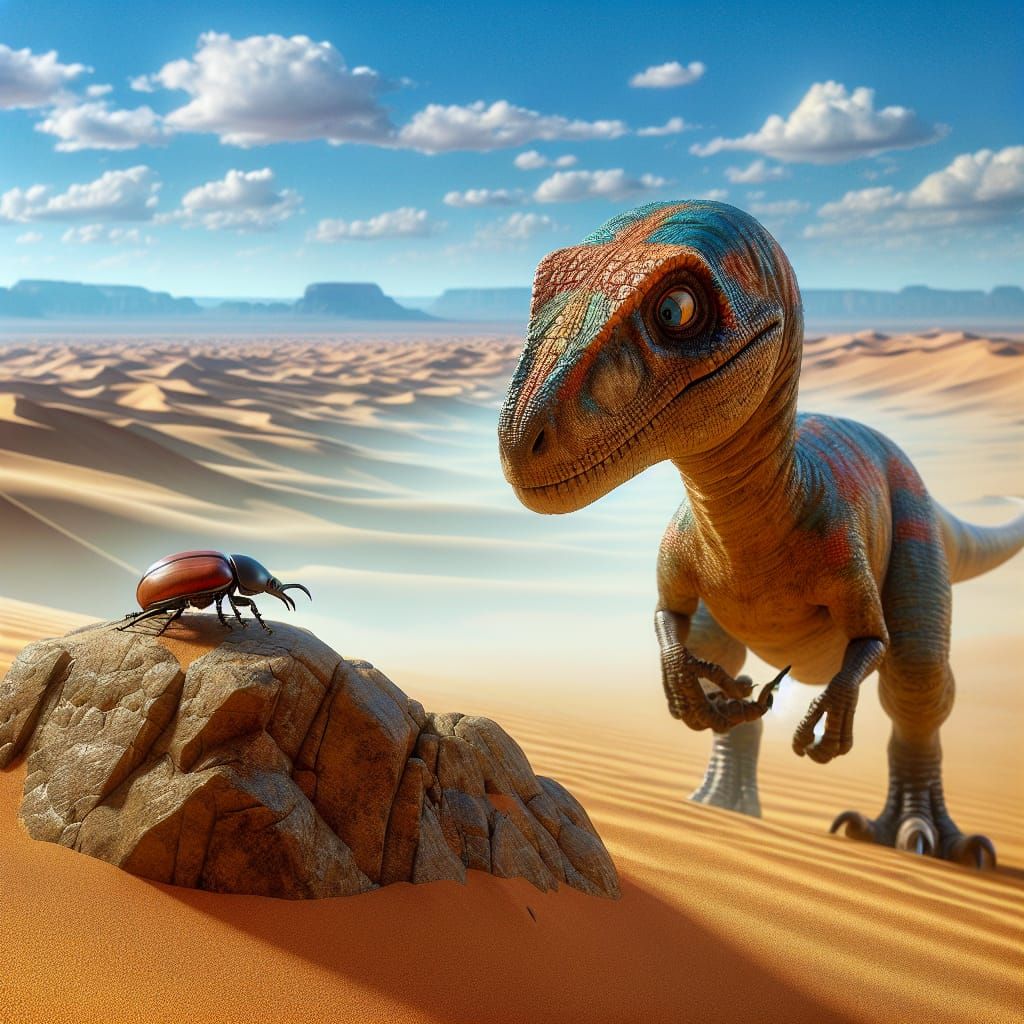 Curious Velociraptor Observes Desert Beetle