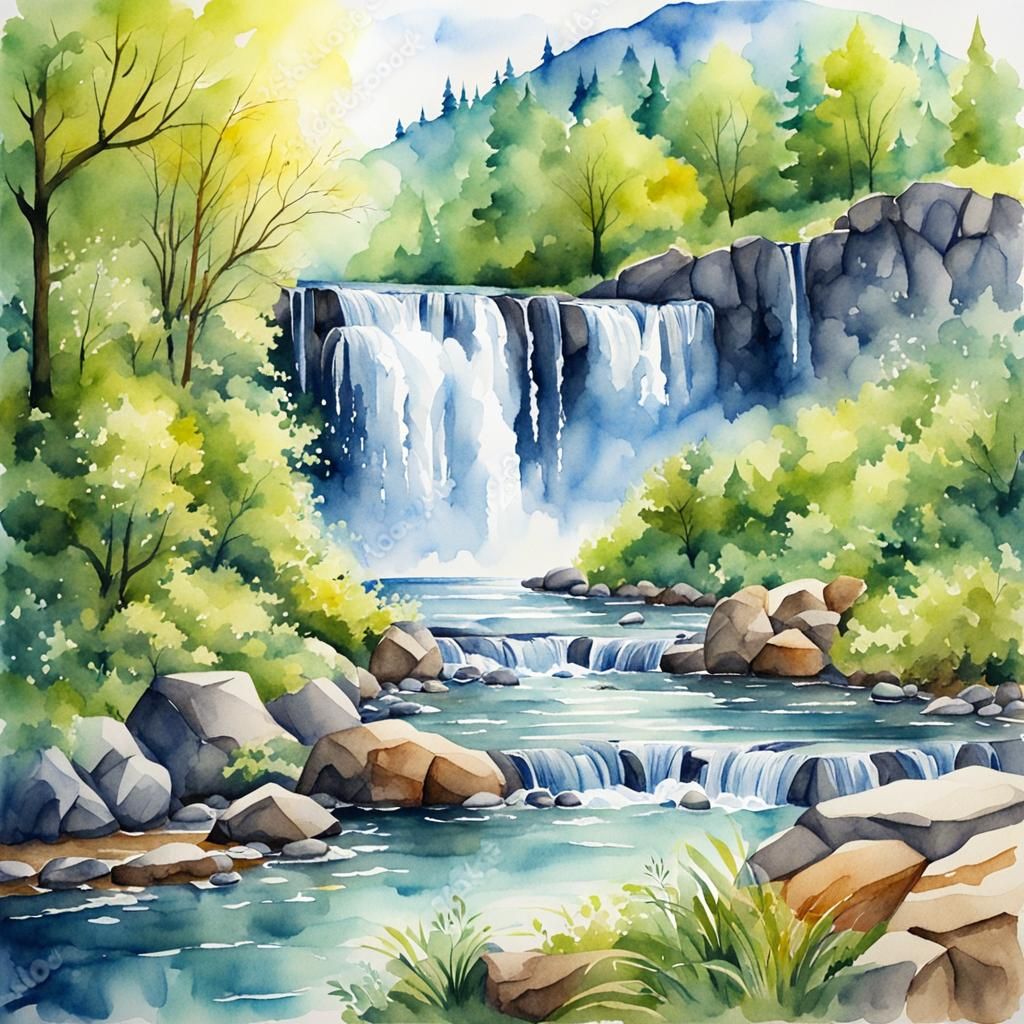 Shining Waterfall: Hyperrealistic Watercolor Spring Scene