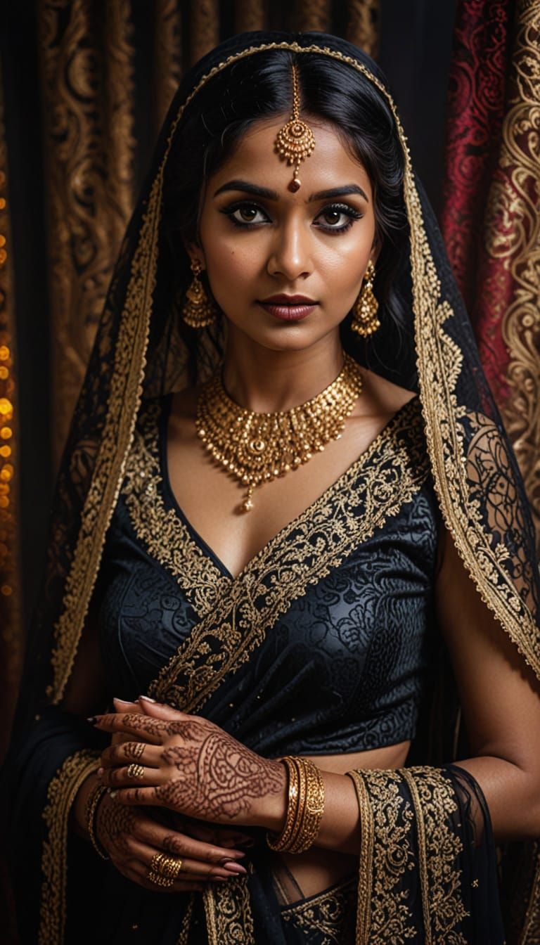 Gothic Indian Bride in Lace Sari with Dark Eyeliner