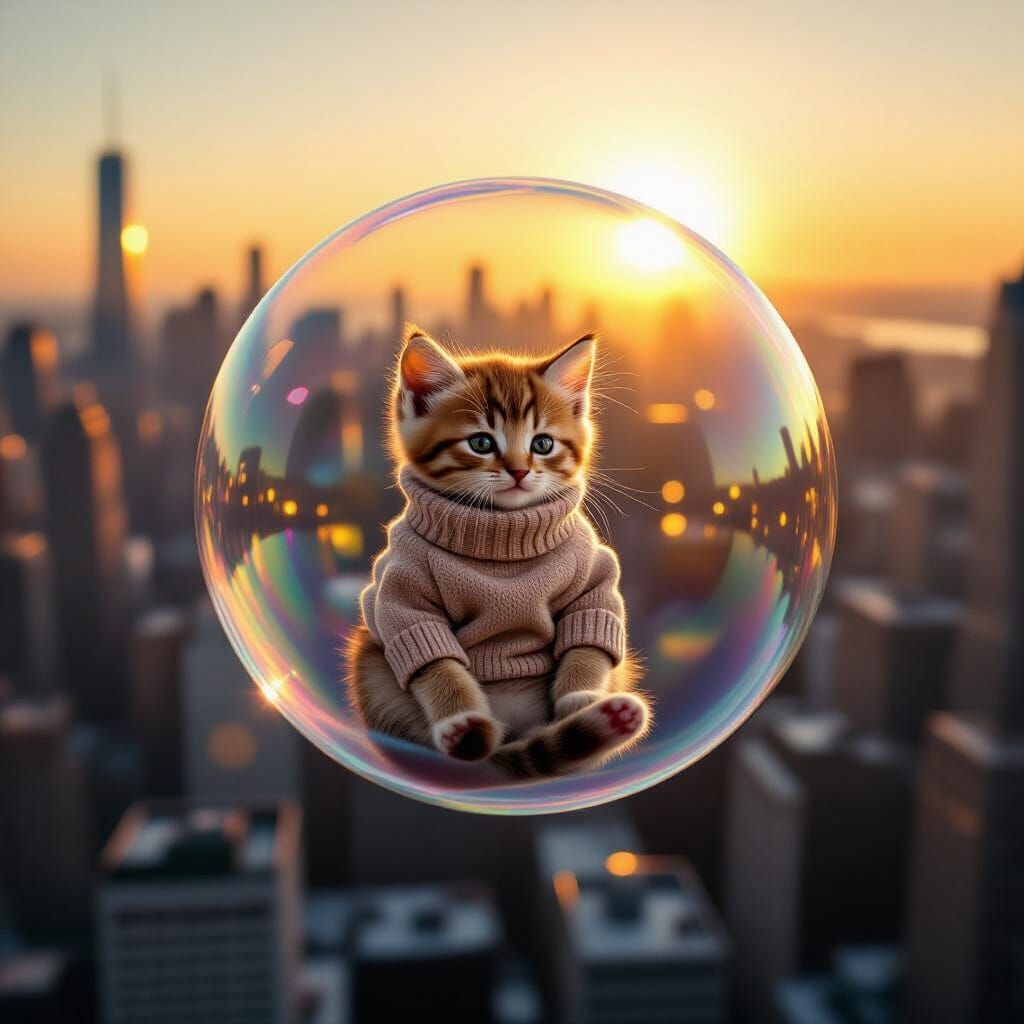 Kitten in Bubble Above City at Sunrise: Photorealistic Image