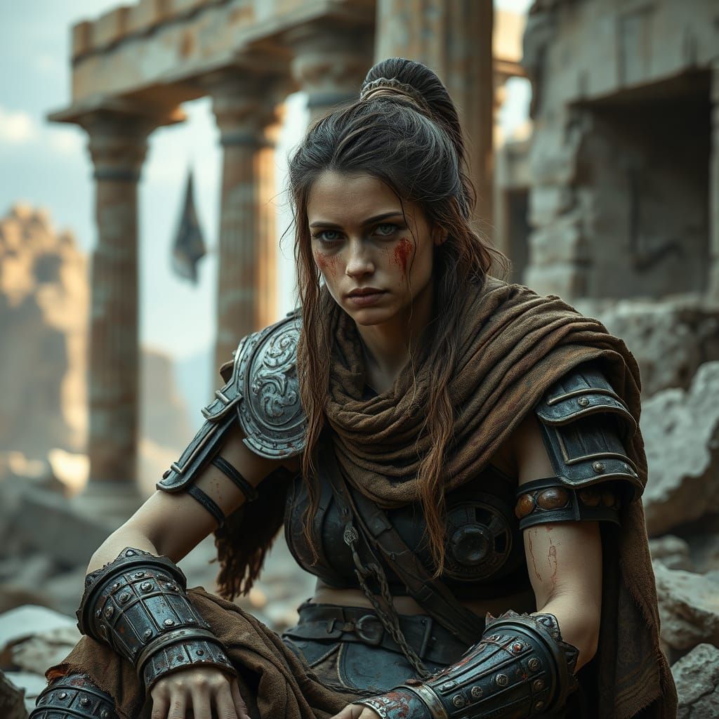 Tired Warrior Woman in Ancient Ruins