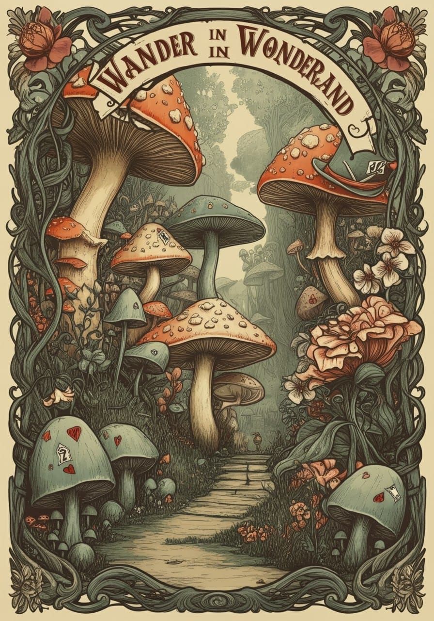 Fantastical Wonderland Landscape in Vintage Poster Style