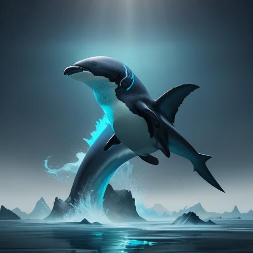 Shark Penguin Hybrid Leaps in Bioluminescent Oil Painting