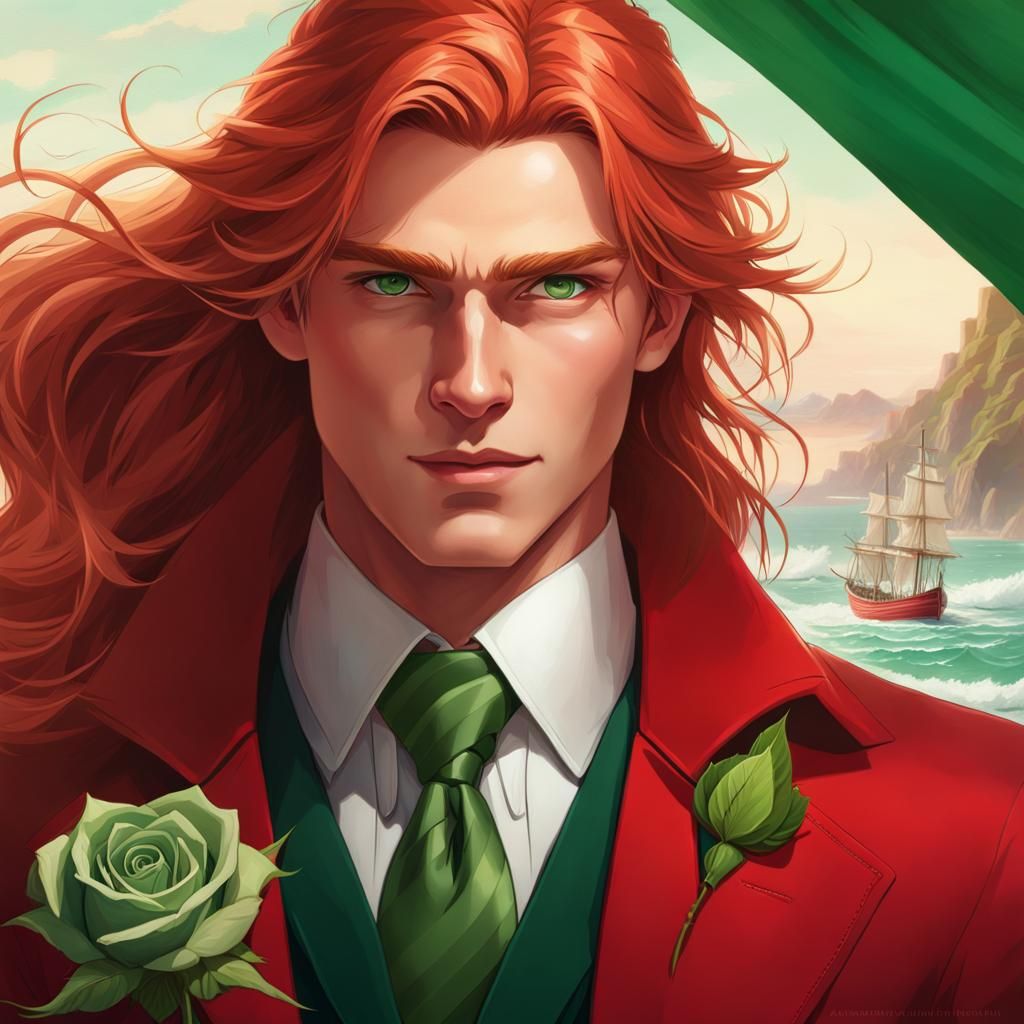 Ginger-haired Man with Rose on Beach, Digital Art