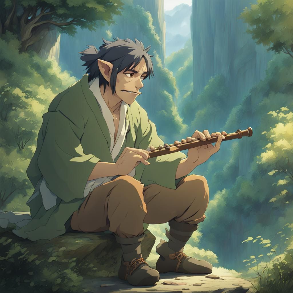 Half-Orc Bard with Flute in Anime Style