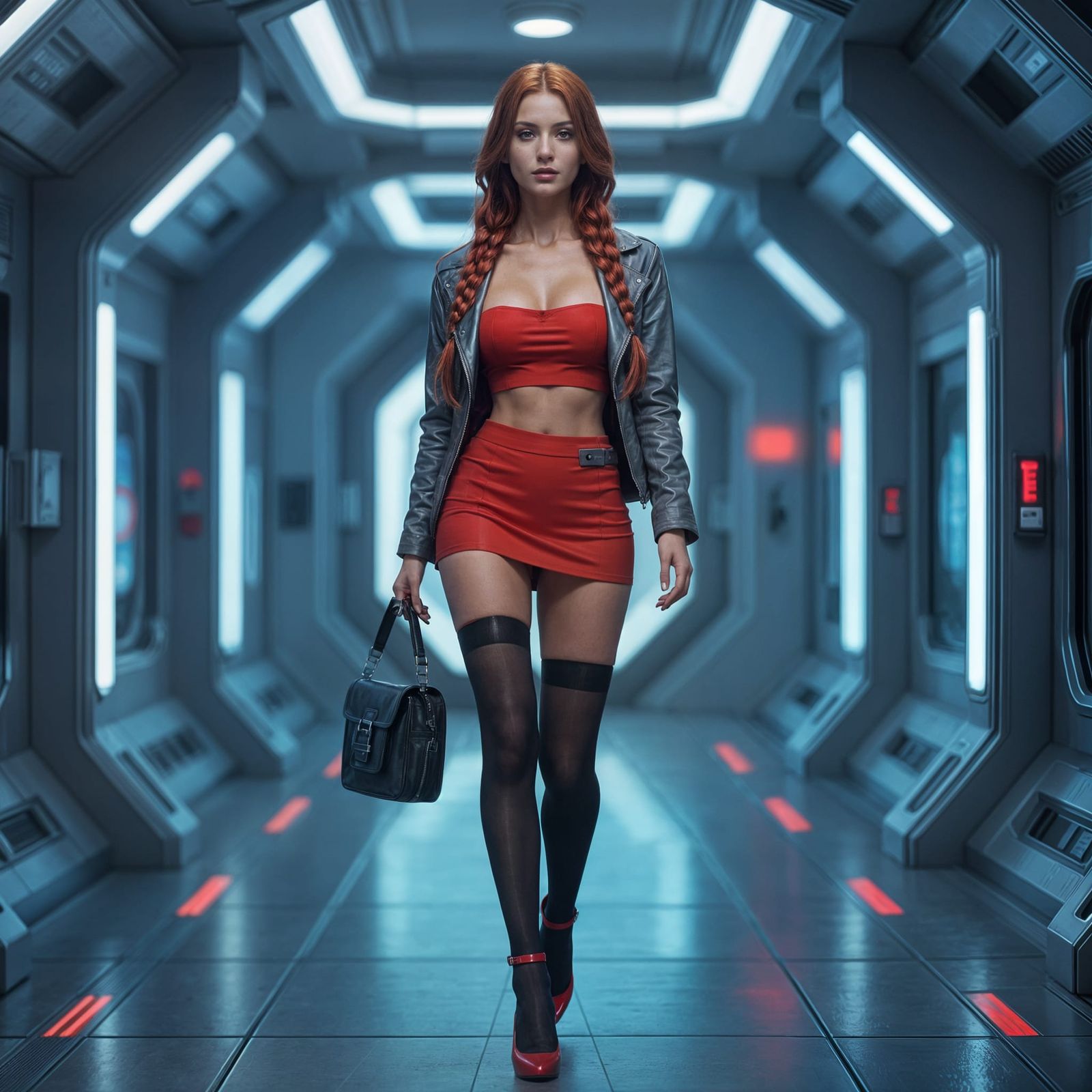 Futuristic Agent Walks Confidently in Space Station Corridor