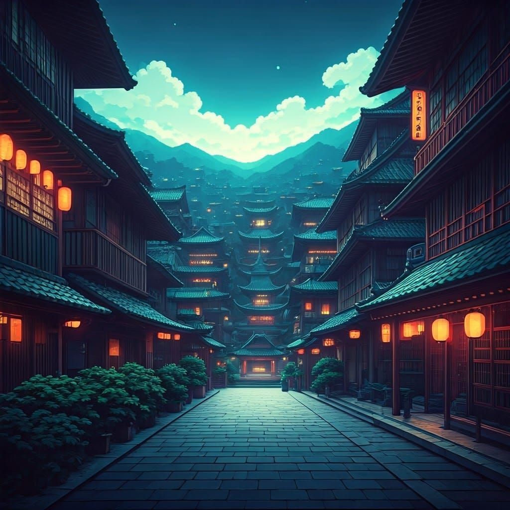 Neon Japanese Cityscape in Cyberpunk Ukiyo-e Style