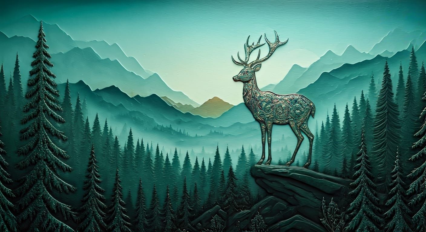 Iridescent Deer Embossed on Mountain Over Forest