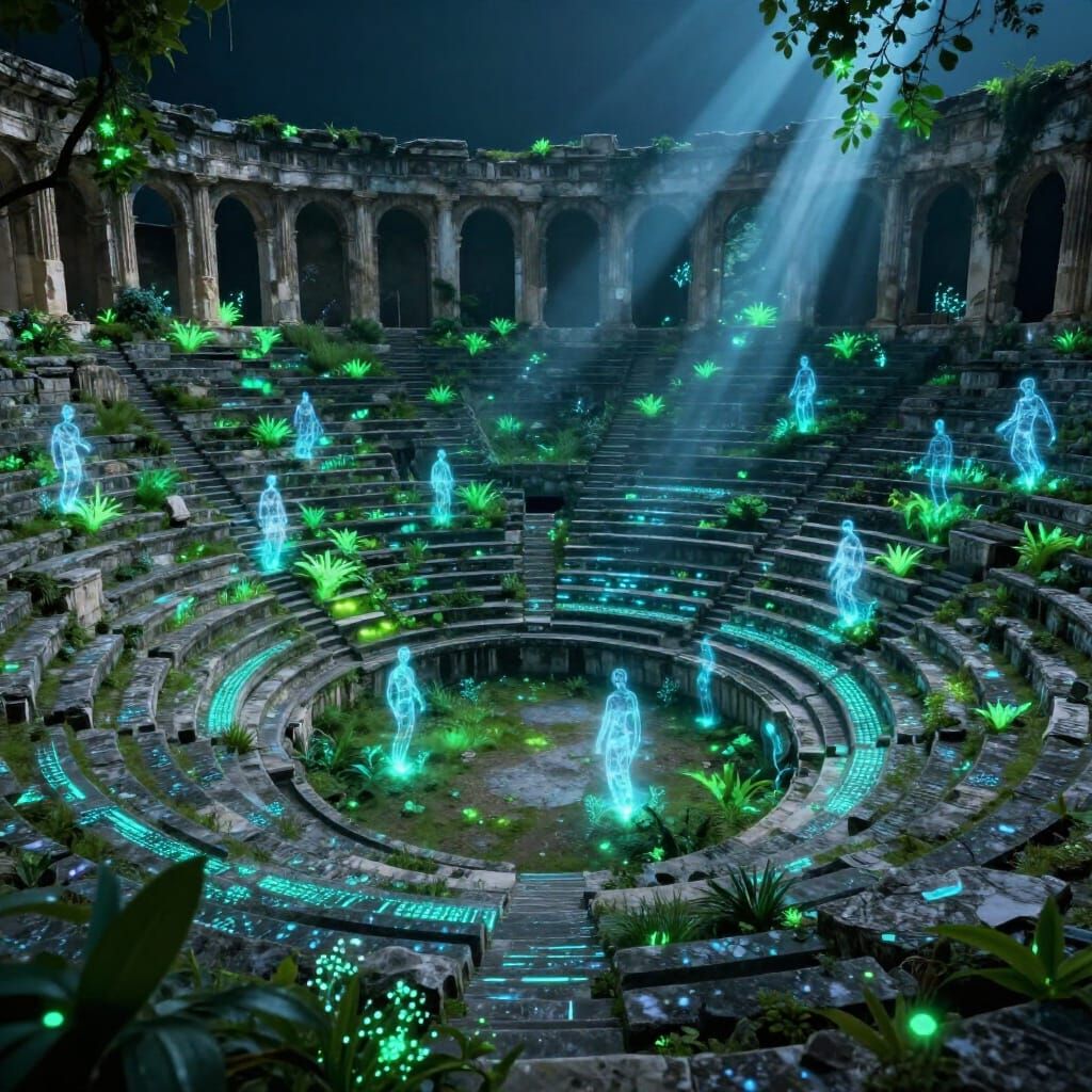 Bioluminescent Greek Amphitheater Reimagined in Hyperrealism