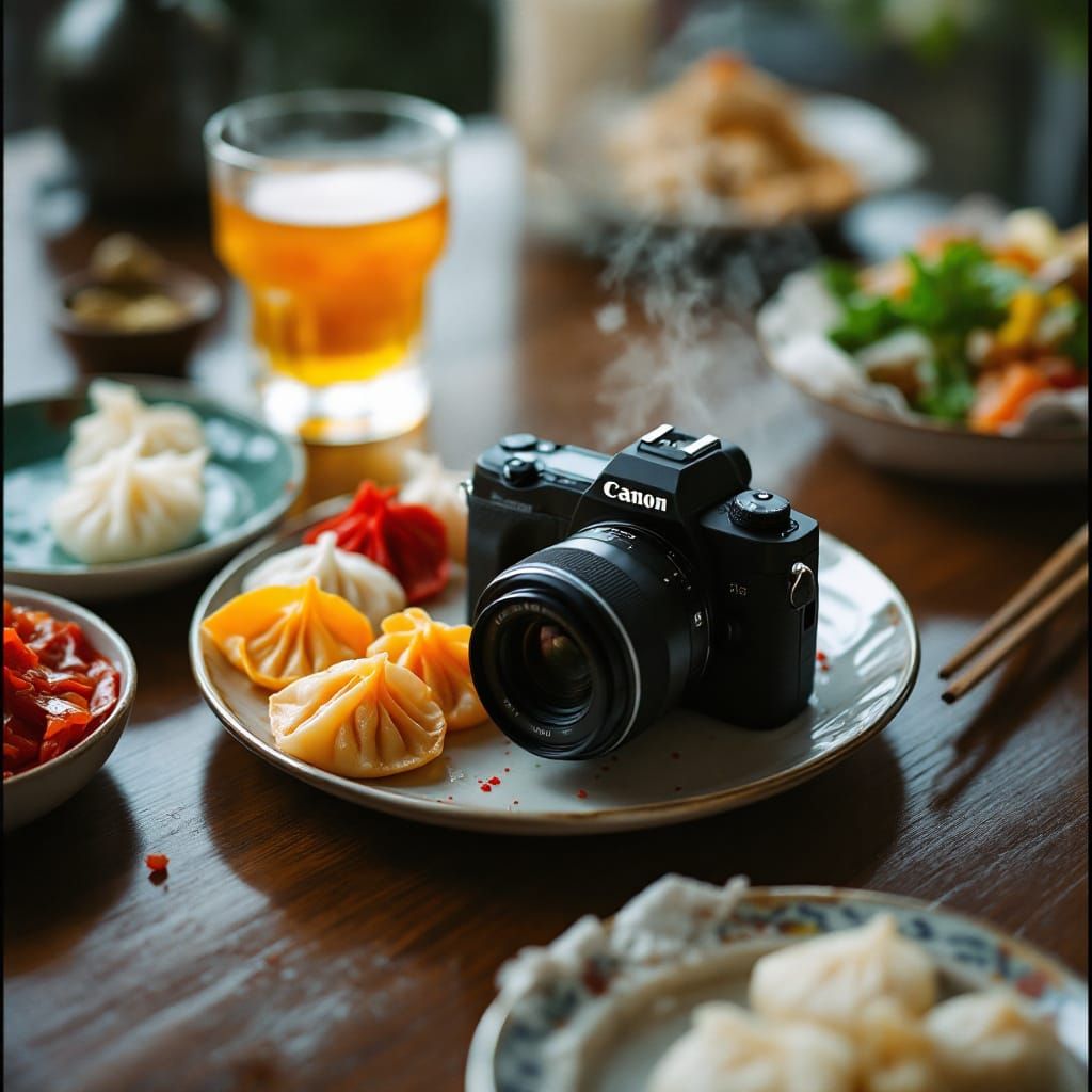 Canon Camera with Chinese Dumplings: Cinematic Food Still