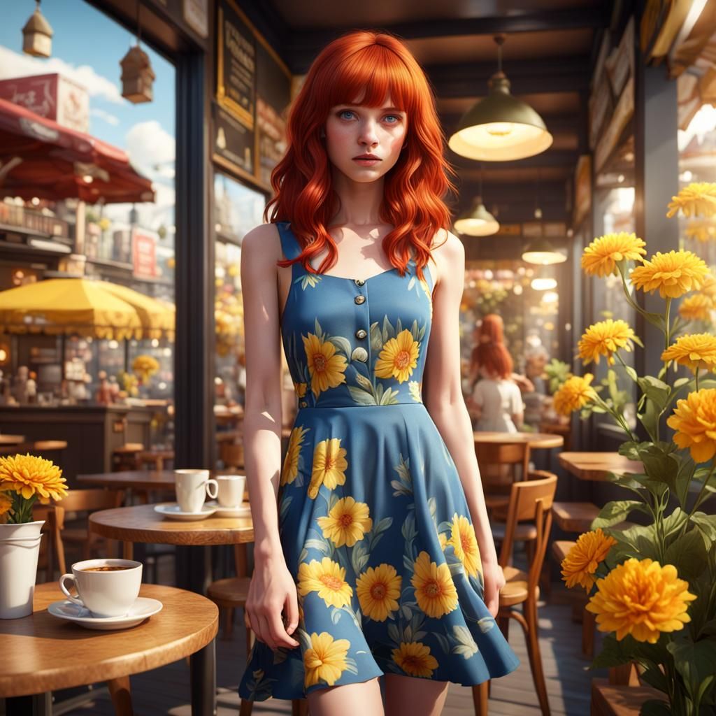 Red-Haired Woman Entering Cafe in Fantasy Art Style