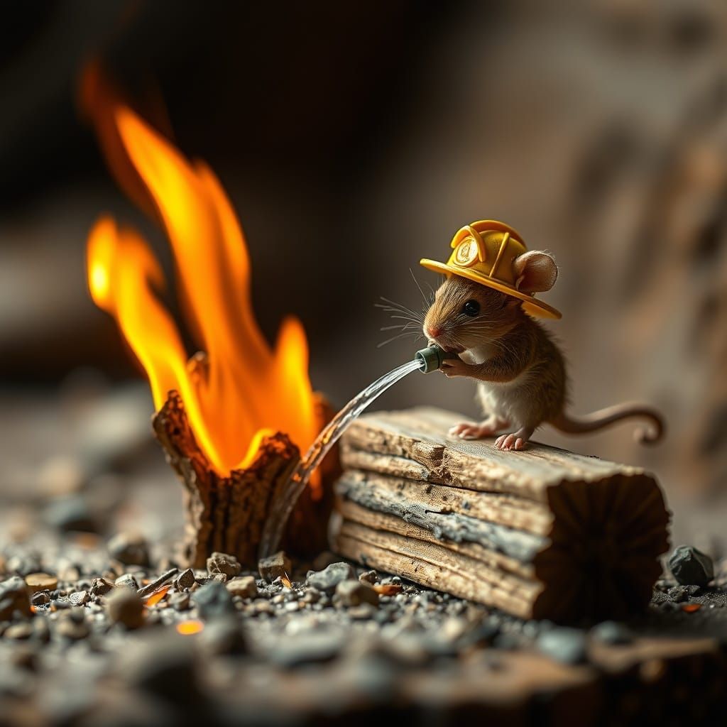 Brave Mouse Firefighter Battles Fiery Wood Block