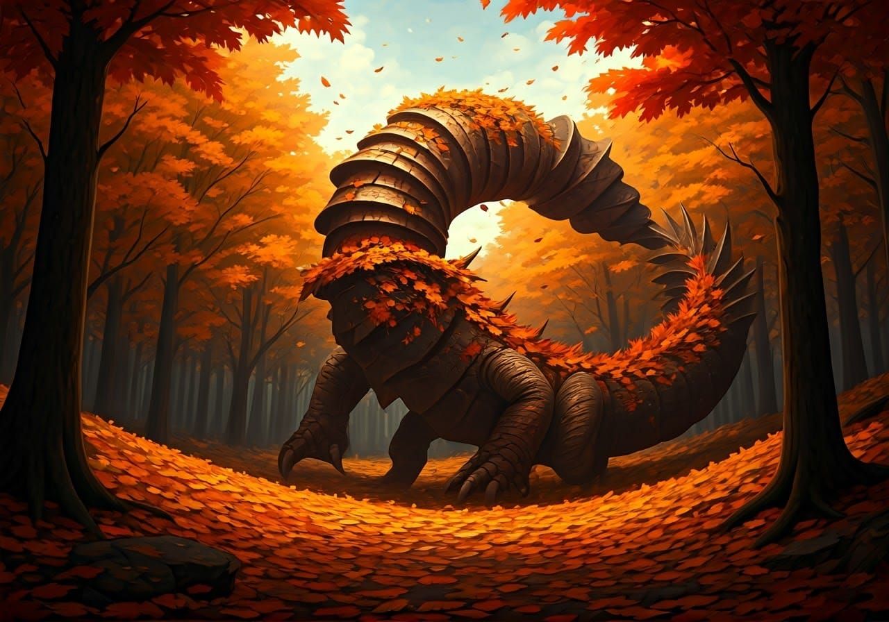 Majestic Drill Dragon in Autumnal Forest, Hyperrealistic Sty...