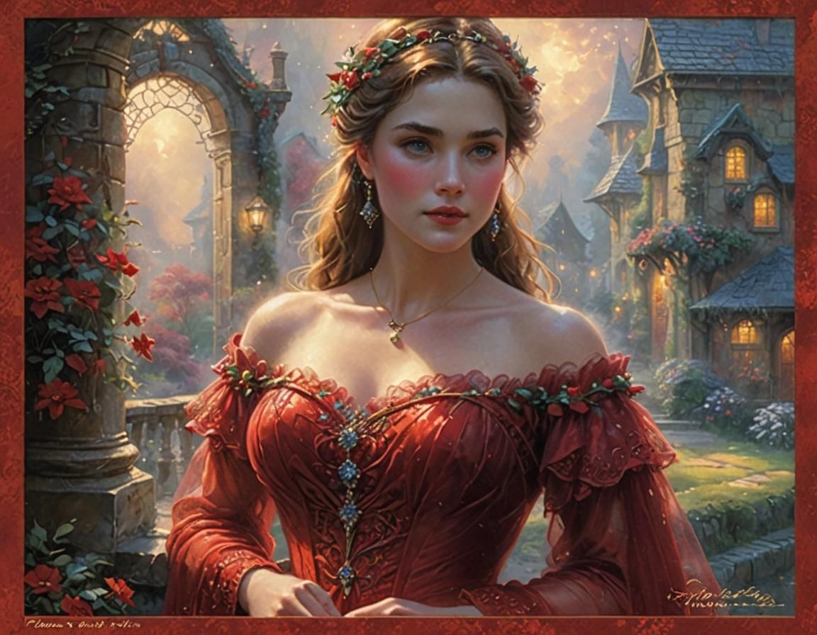 Ethereal Woman in Red Dress Fantasy Landscape