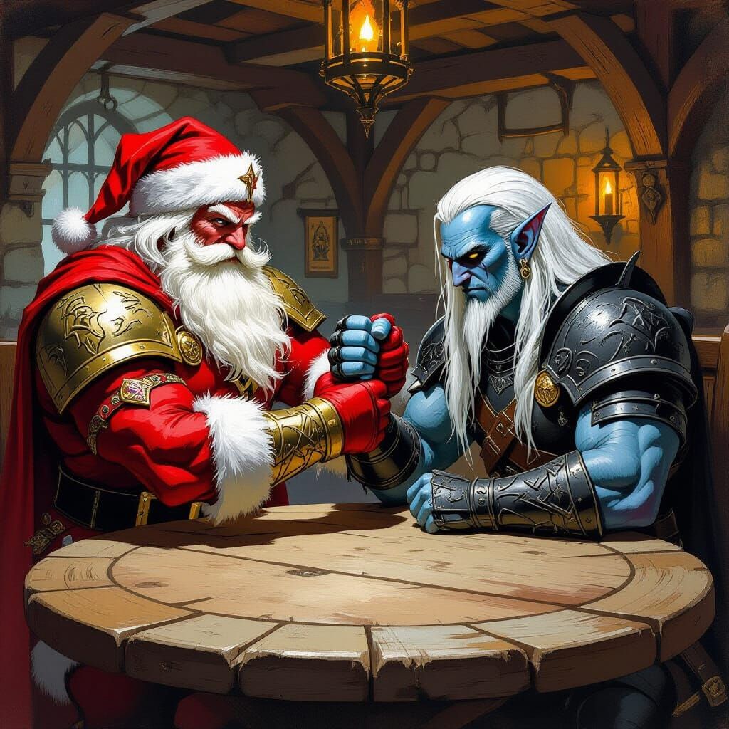 Warrior Santa Arm Wrestling Dark Elf in Tavern
