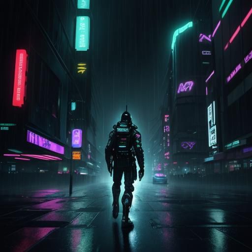 Alien Nomad on Cyberpunk Metal Planet in Rain