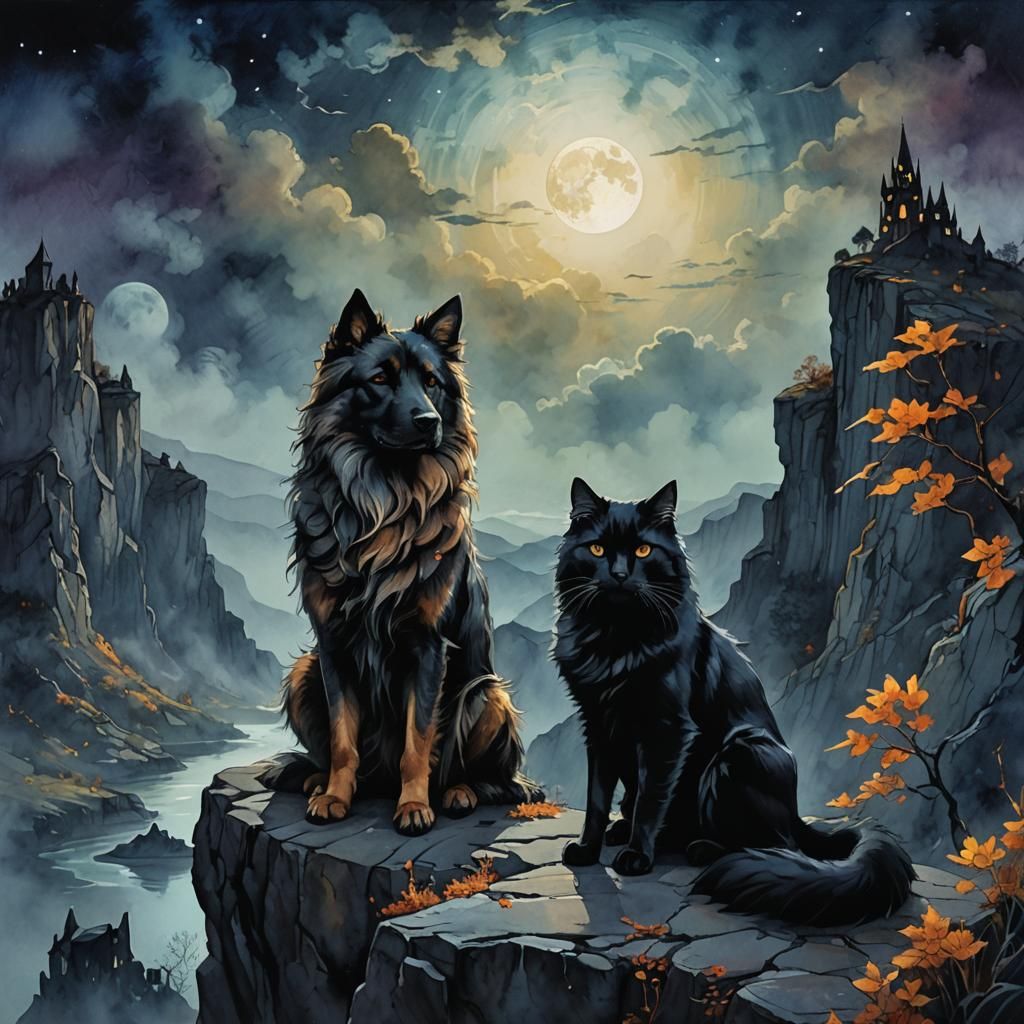 Mystical Tervuren and Cat on Moonlit Cliff