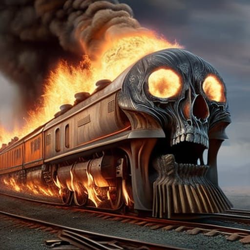 Flaming Skull Train Explosion in Steampunk Style