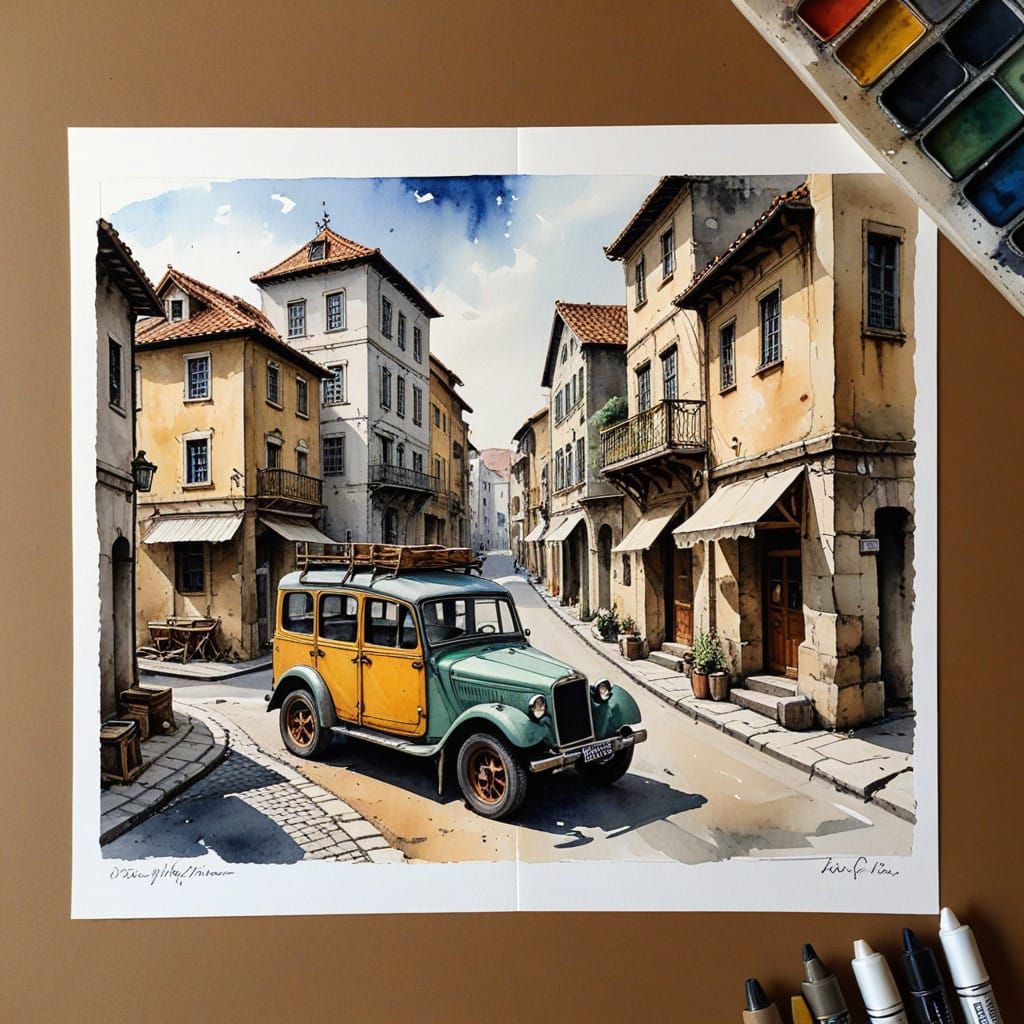 Ancient Transportation Scenes in a Utopian Cityscape