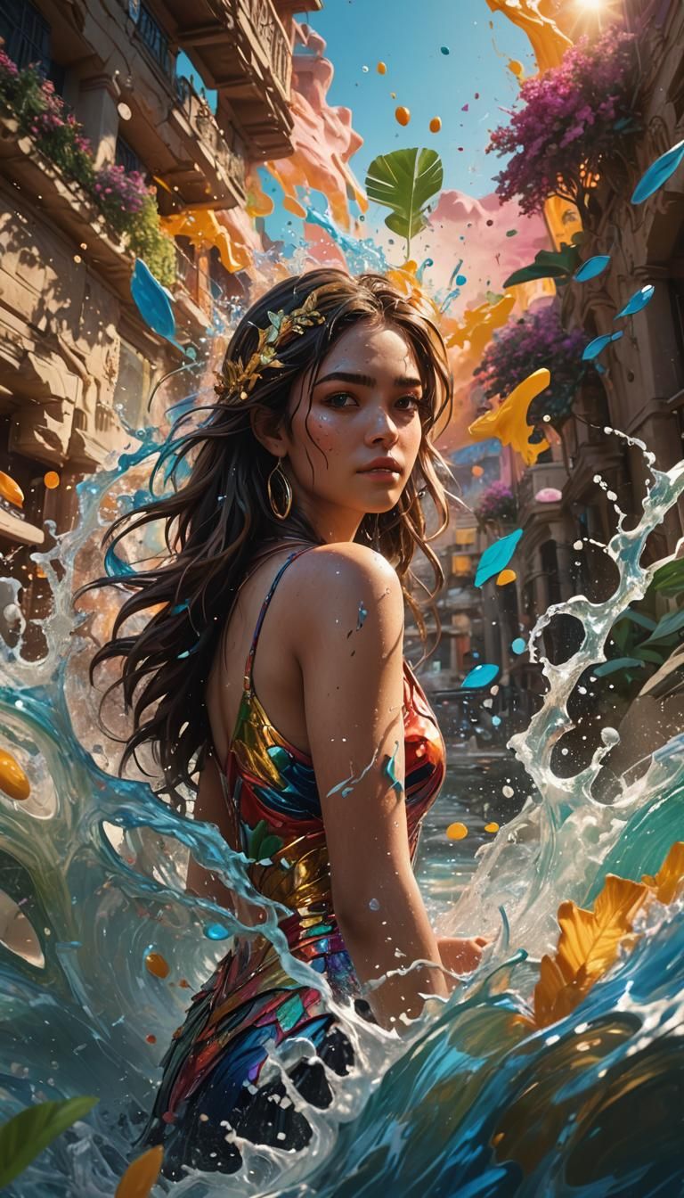 Hyperrealistic Oasis Concept Art with Splash Art Elements