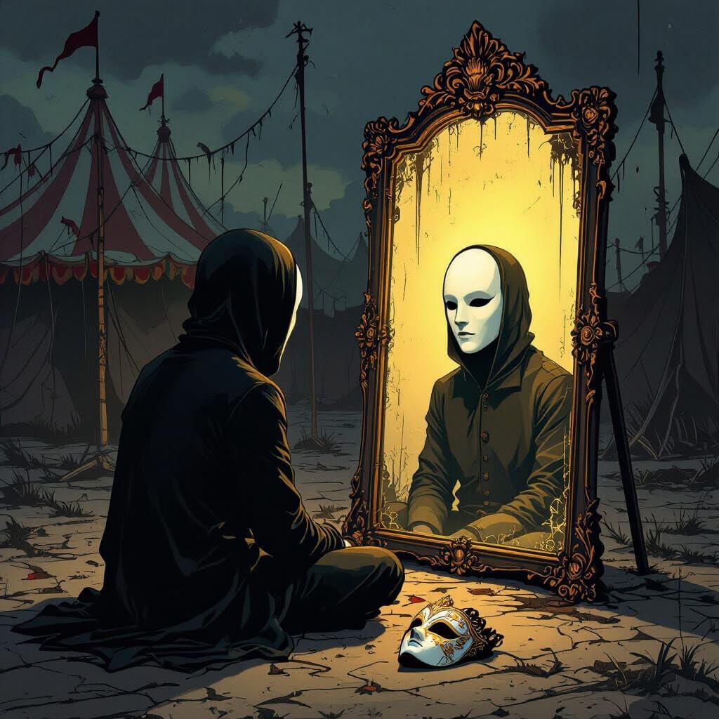 Man with Blank Face Contemplates Carnival Mask