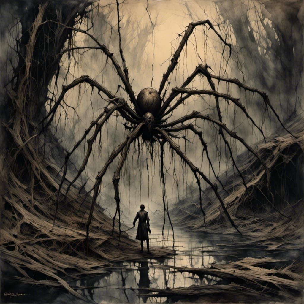 Wooden Giant Spider in Rotting Swamp in Horror Style