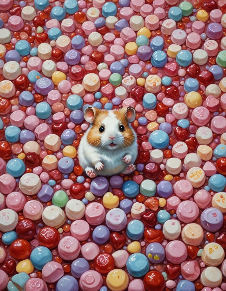 Gummy Hamster in Valentine Candyland, Oil Painting