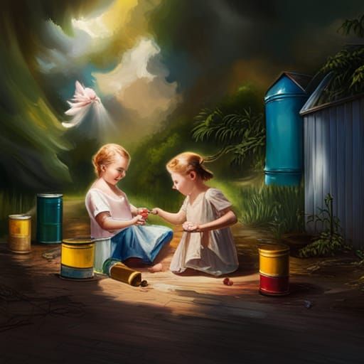 Babies Playing Near Upcycled Oil Cans