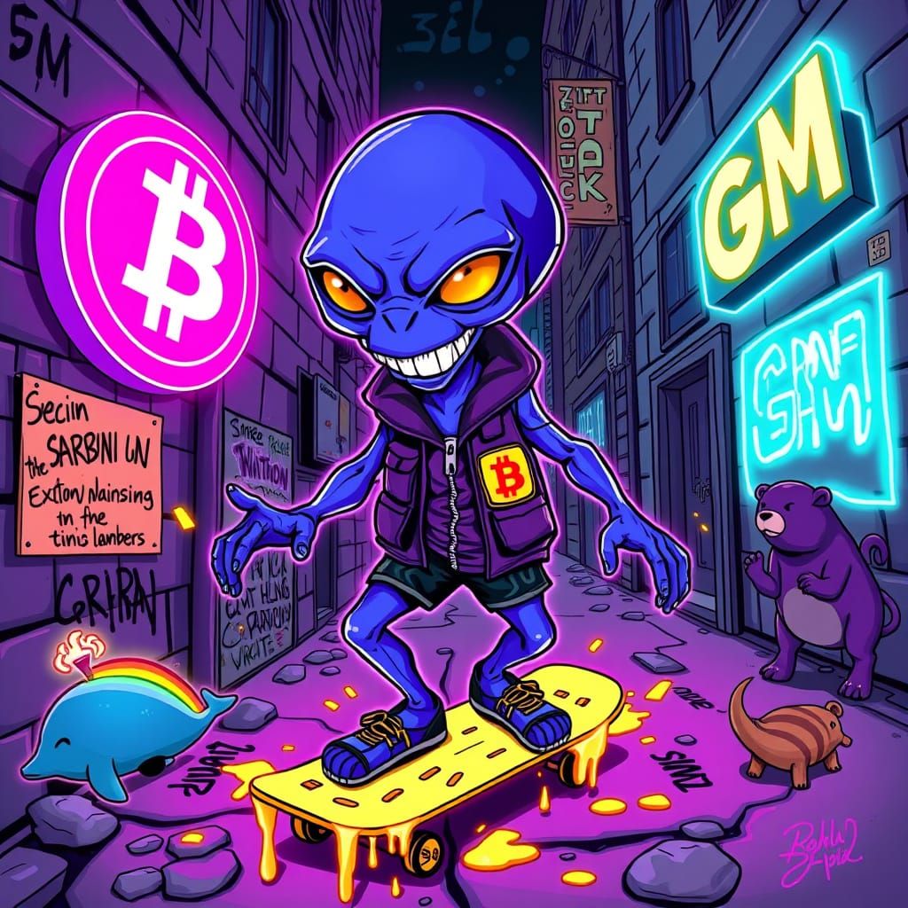 Gritty Cyberpunk Alien Skateboarder in 90s Cartoon Style