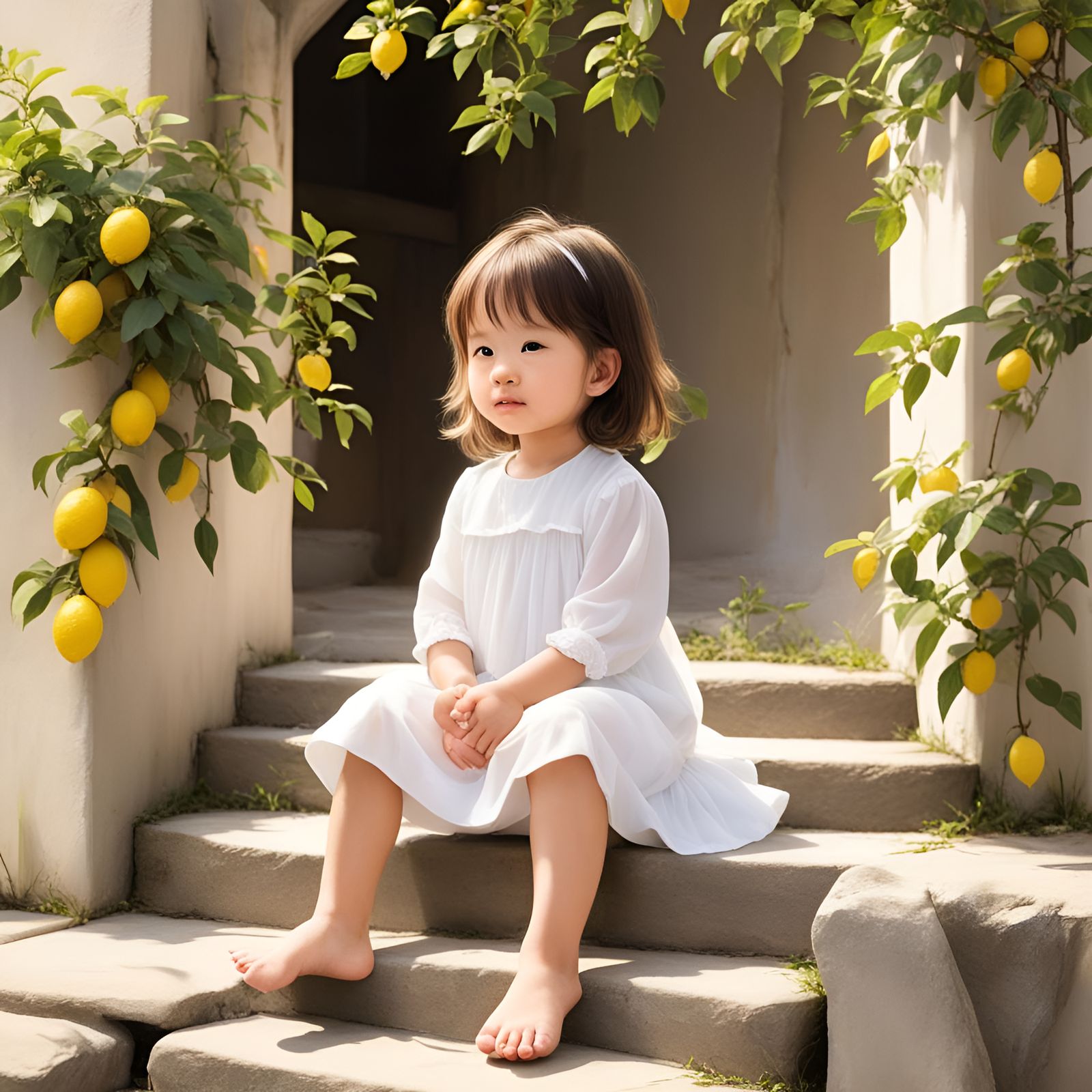 Toddler Among Lemon Trees in Ghibli Style
