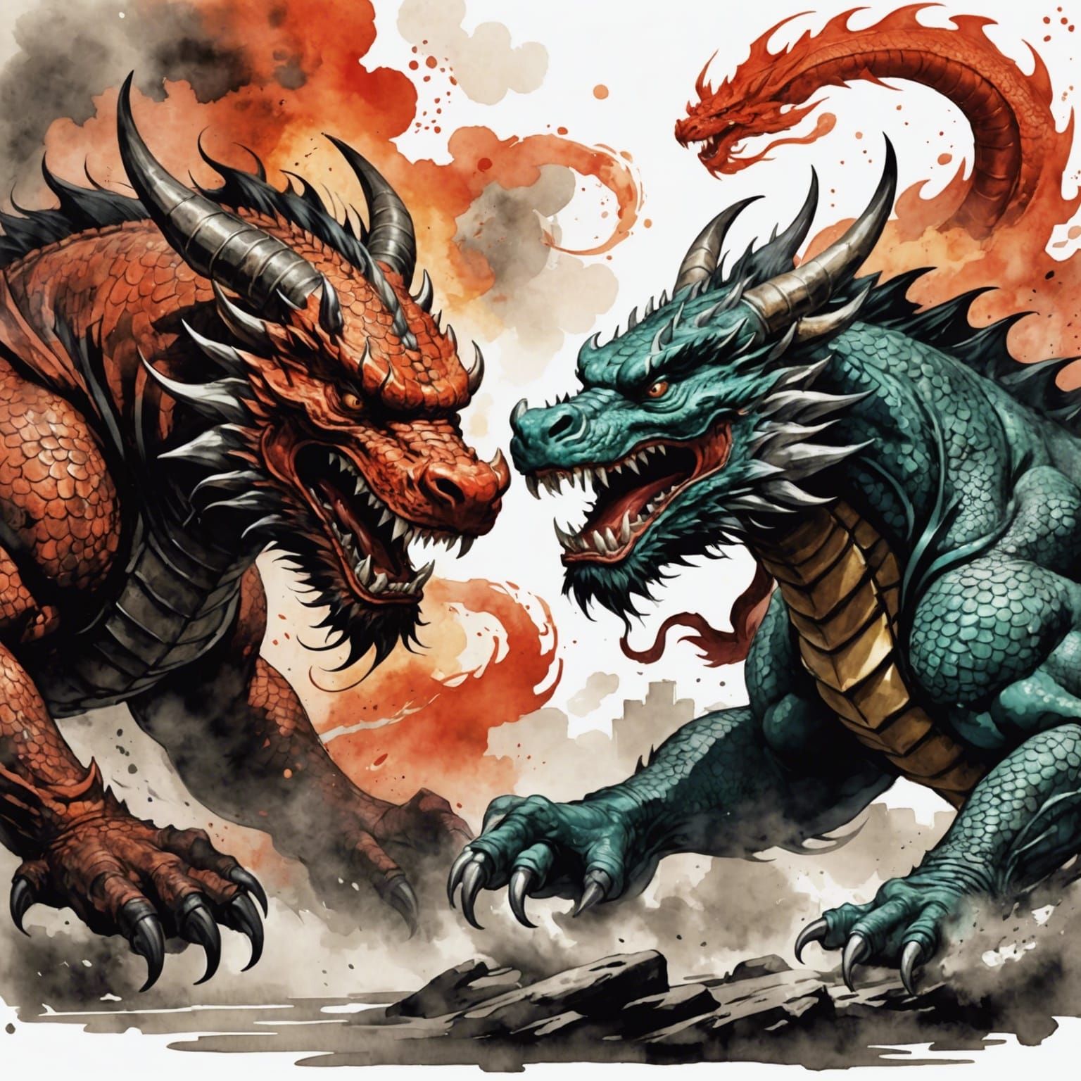 Dragon Attacks Bull in Sumi-e Ink Watercolor