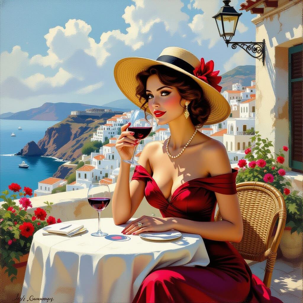 Romantic Terrace Scene in Greece: Oil Painting