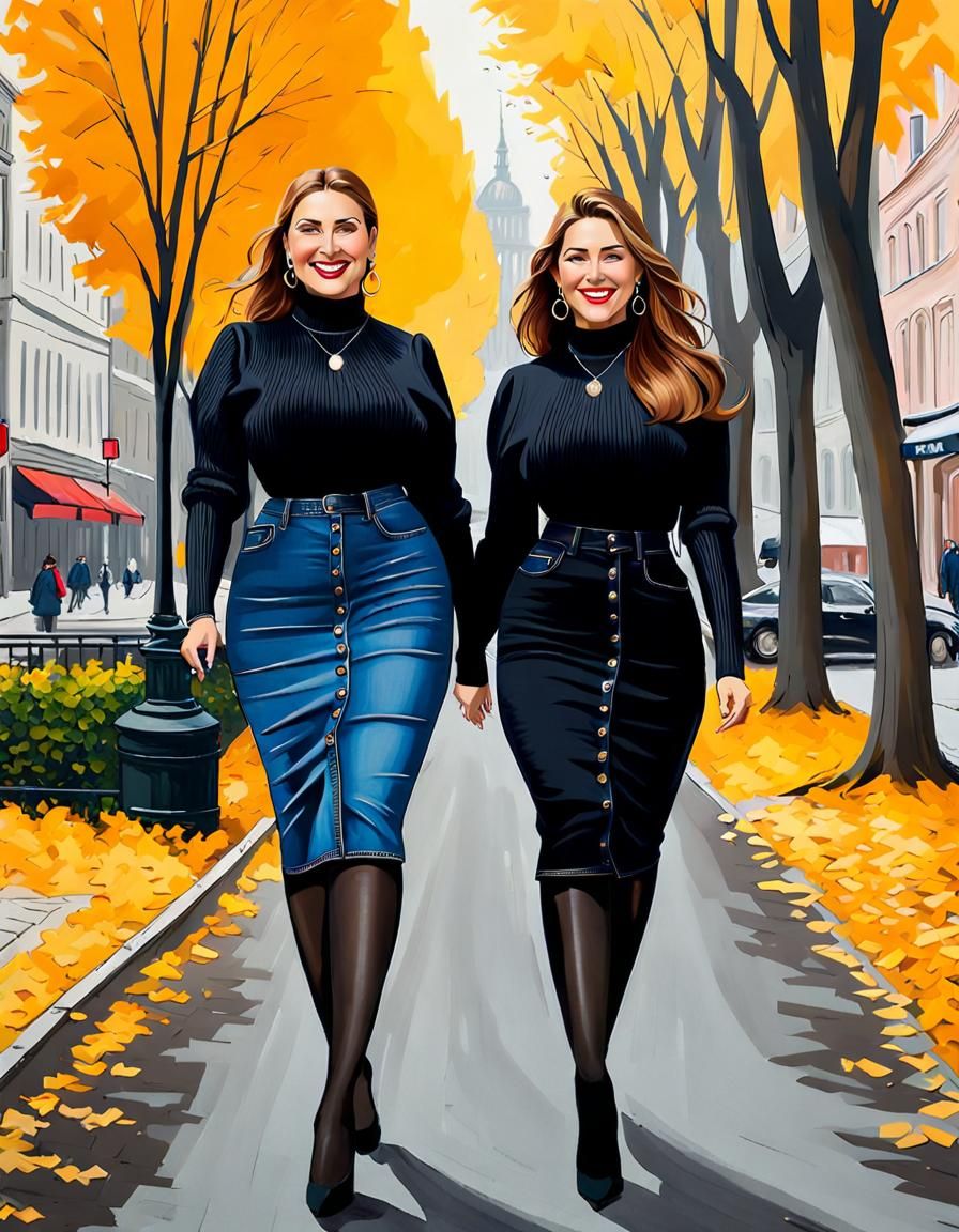 Elegant Women Stroll Through City: An Oil Painting