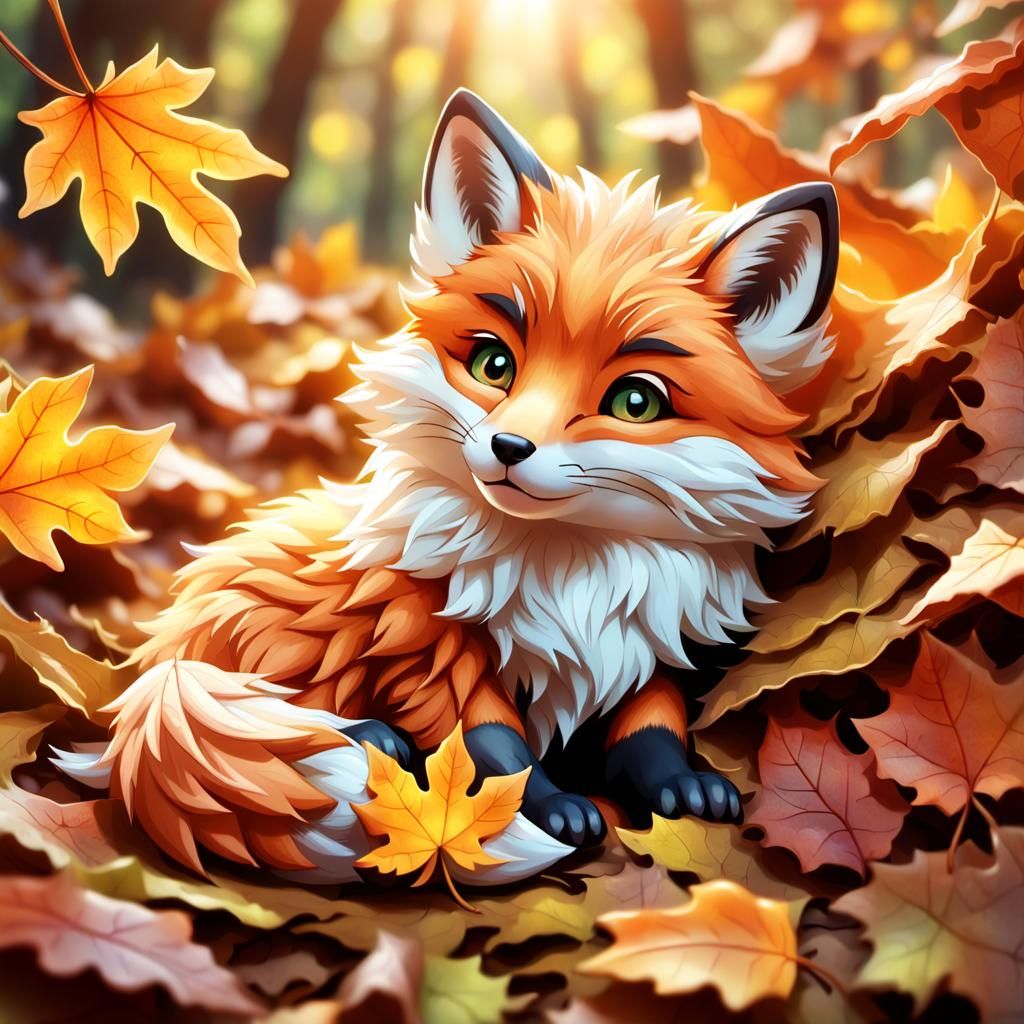 Cute Chibi Fox in Autumn Leaves, Photorealistic