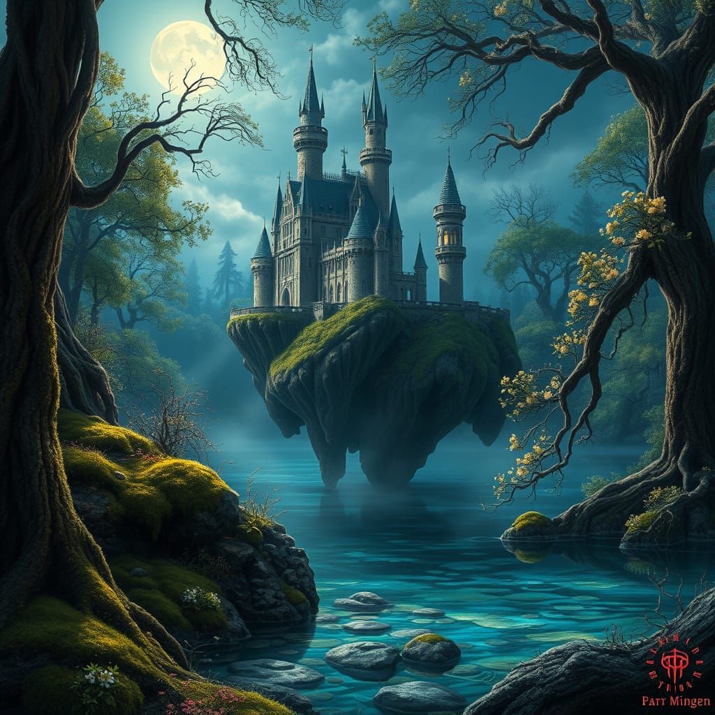 Mystical Floating Castle in Twilight Forest Painting