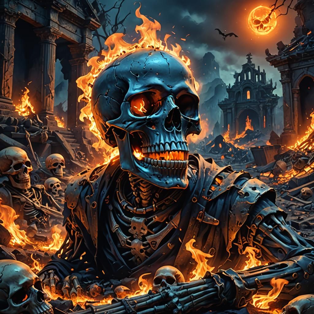 Dark Fantasy Skull in Burning Landscape