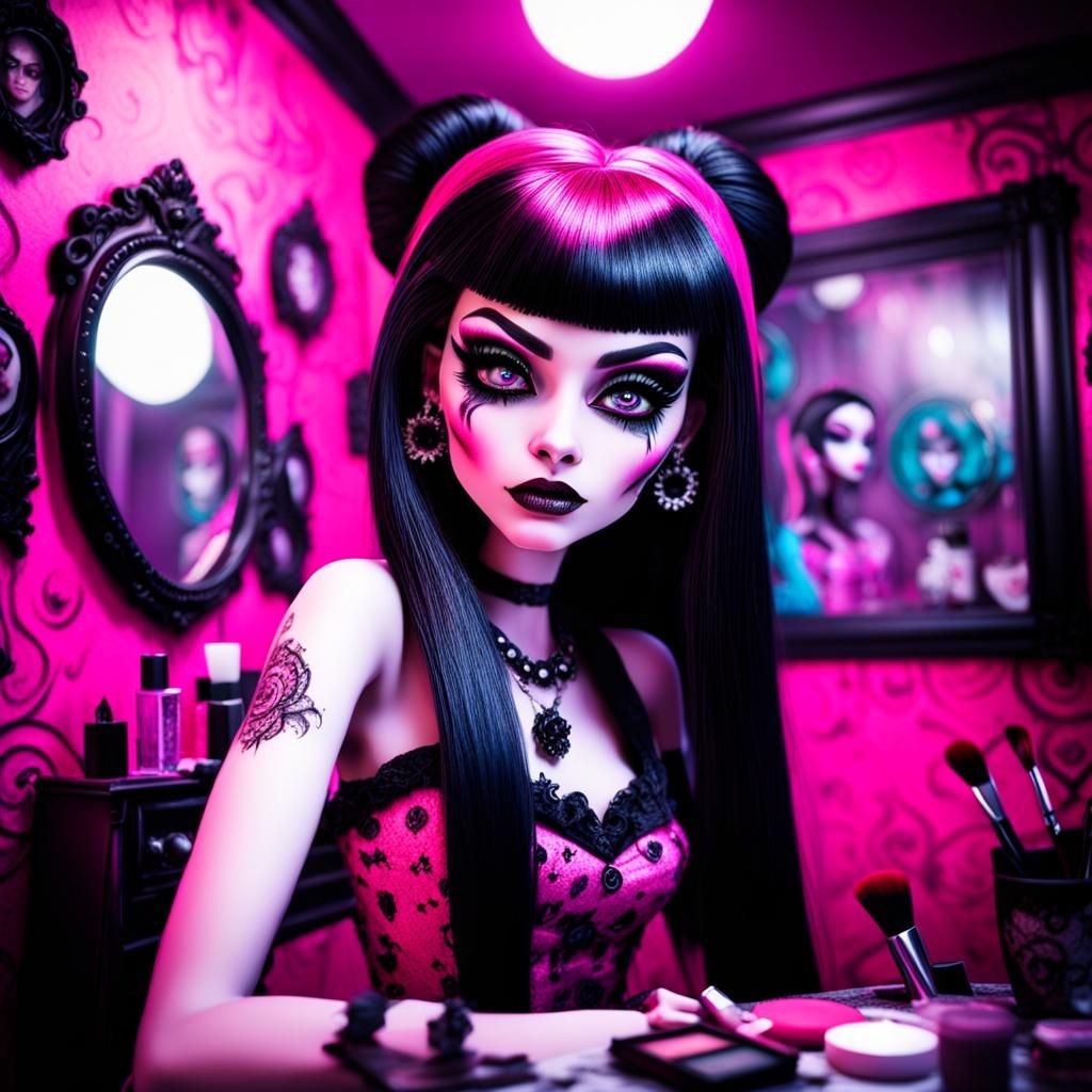 emo draculaura monster high putting on makeup pink bedroom g...